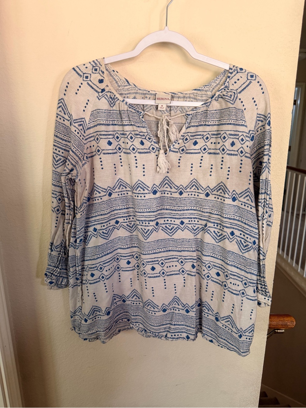 Merona Blue and Cream Aztec-Print Peasant Blouse